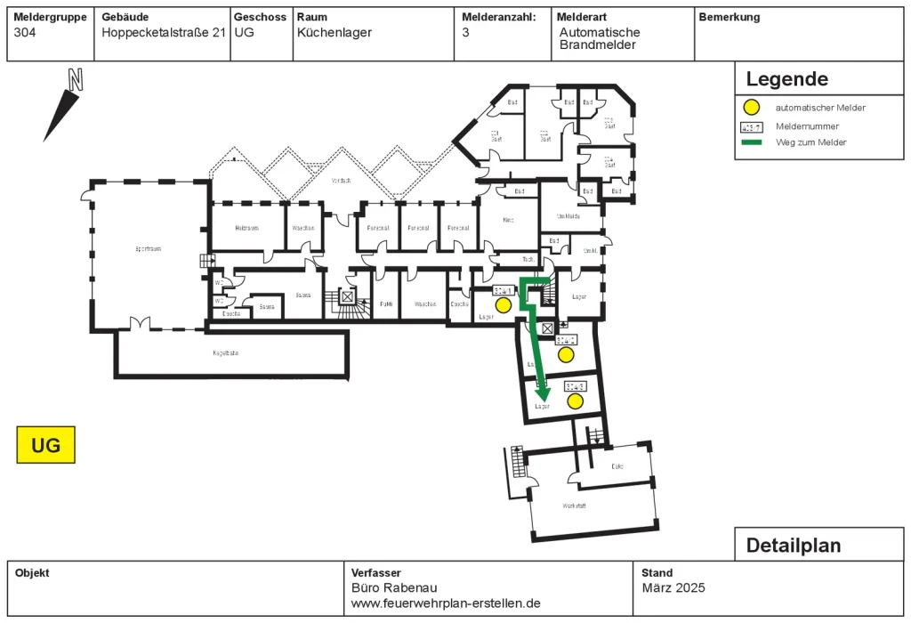 Rückseite einer Feuerwehrlaufkarte: Detailplan mit Lage der automatischen Brandmelder
