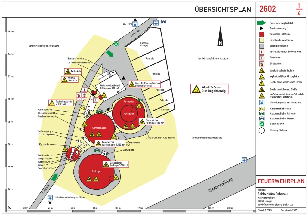 Feuerwehrplan einer Biogasanlage mit Ex-Zonen, Gasspeichern und Gefahrenhinweisen