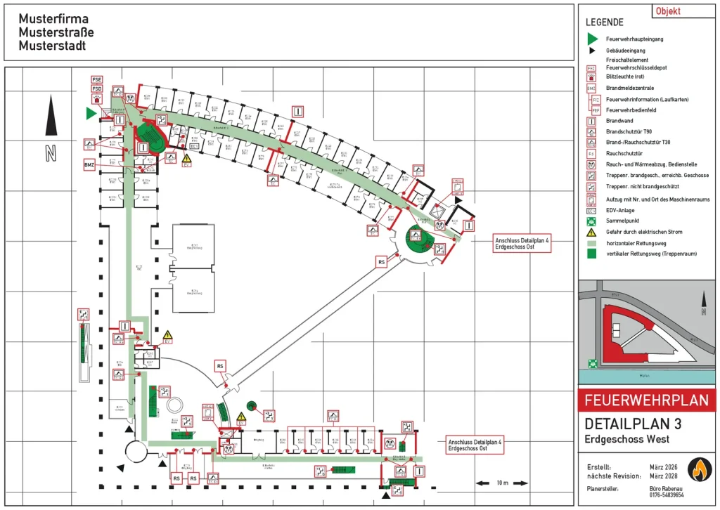 Detailplan eines Feuerwehrplans: Erdgeschoss mit Brandschutzeinrichtungen und Legende