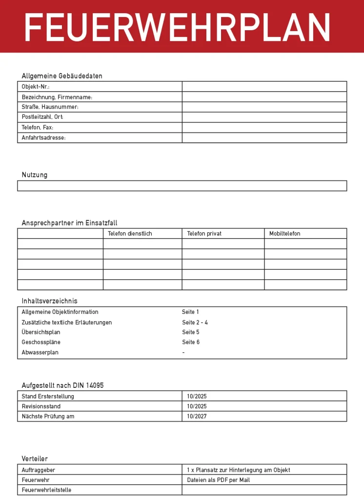 Textteil eines Feuerwehrplans: allgemeine Objektinformationen und Ansprechpartner