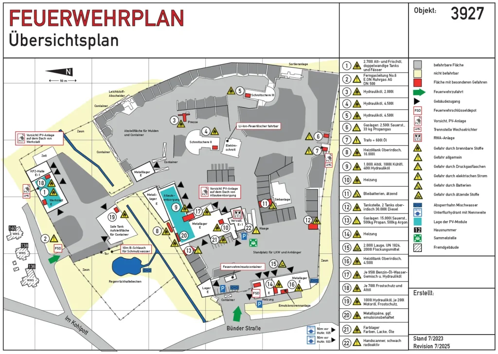 Feuerwehrplan Übersichtsplan eines Industriegeländes mit Gefahrstoffen und Löschwasserentnahmestellen