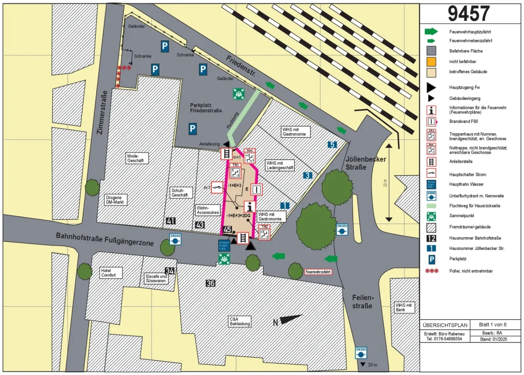Übersichtsplan eines Feuerwehrplans nach DIN 14095 mit Zufahrten, Feuerwehrflächen und Legende