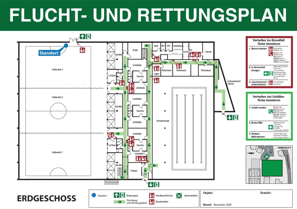 Flucht- und Rettungsplan einer Sporthalle mit Sammelstelle und Übersicht