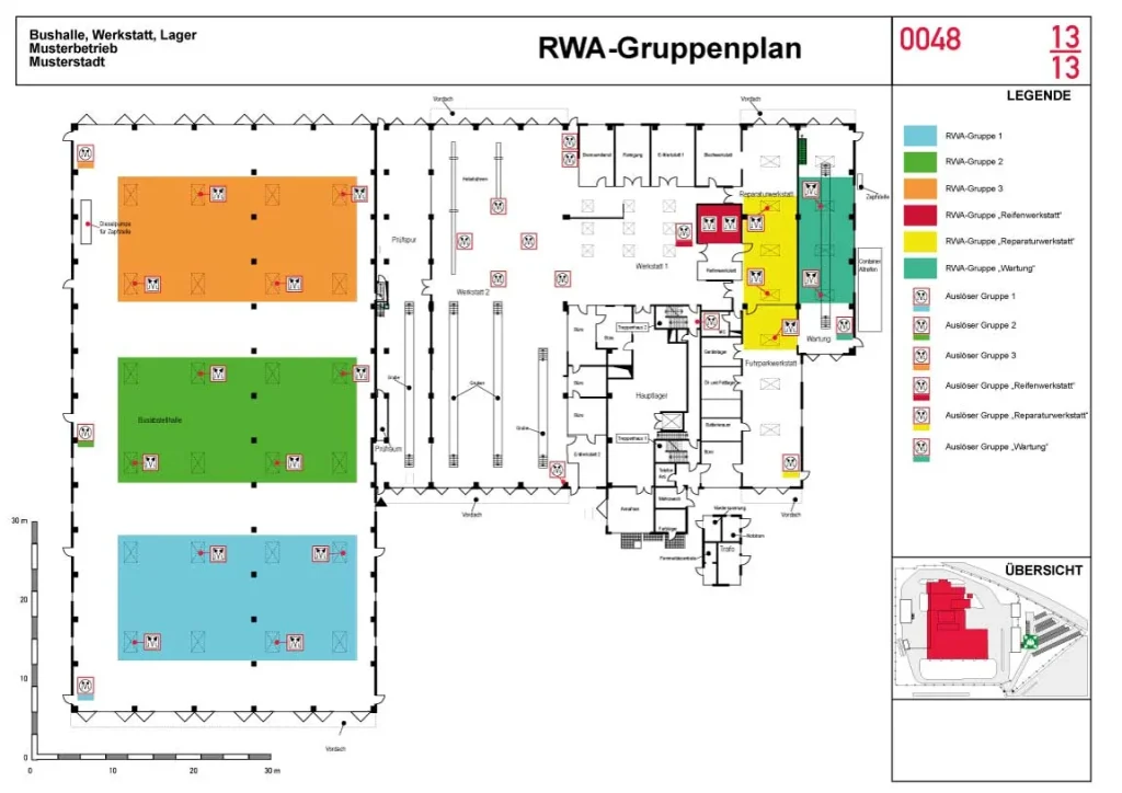 RWA-Gruppenplan mit farbig dargestellten Entrauchungsbereichen und Auslösegruppen